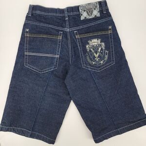 Southpole Mens VTG 1991 Y2K Dark Blue Wash Baggy Jean Shorts Knowledge Power 34